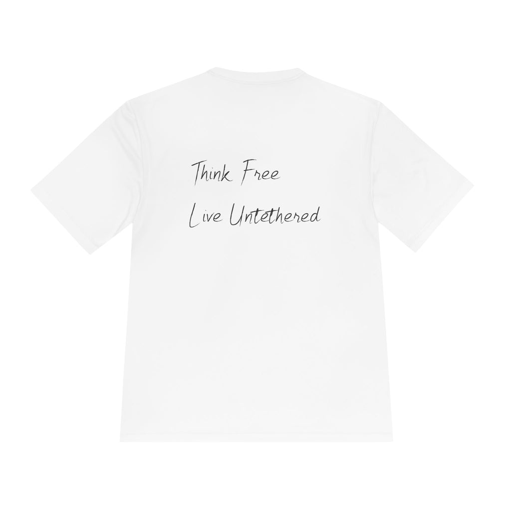 Think Free Live Untethered Tee — Minimal Wing Emblem Moisture-Wicking Shirt
